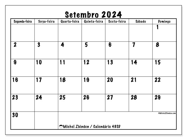 Calendário Setembro 2024, 48DS. Programa gratuito para impressão.