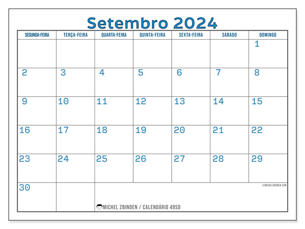 49SD, Setembro de 2024 calendário, para impressão, grátis.