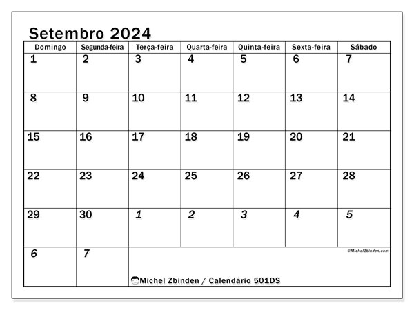 501DS, calendário de setembro de 2024, para impressão, grátis.