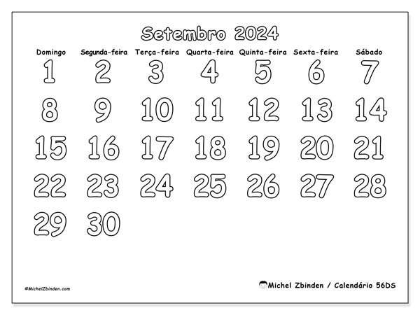 56DS, calendário de setembro de 2024, para impressão, grátis.