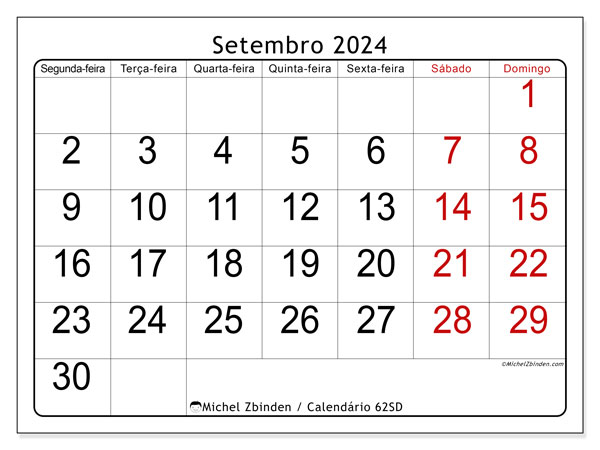 Calendário Setembro 2024 “62”. Horário gratuito para impressão.. Segunda a domingo