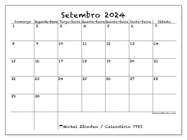Calendário Setembro 2024 “77”. Mapa gratuito para impressão.. Domingo a Sábado