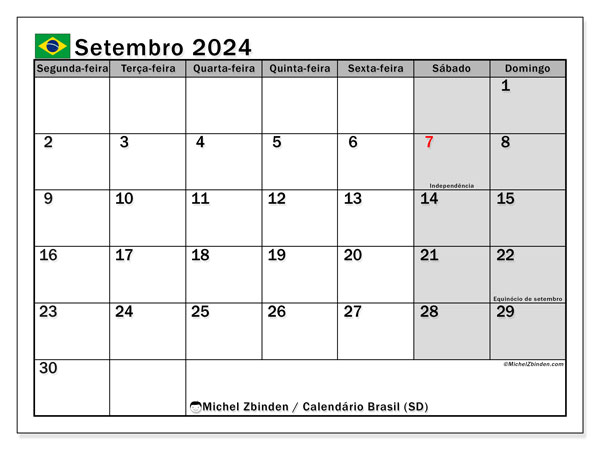Brasil (SD), calendário de setembro de 2024, para impressão, grátis.