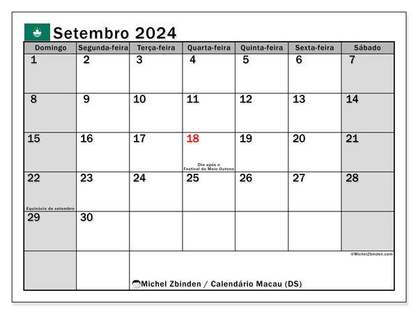 Calendário para imprimir, Setembro 2024, Macau (DS)