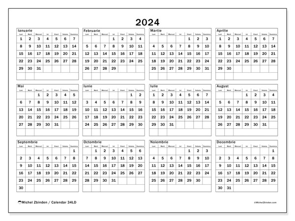 Calendar anual 2024 “34”. Jurnal imprimabil gratuit.. Luni până duminică