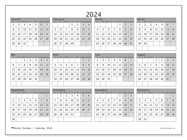 Calendrier annuel 2024, 35LD. Plan pentru imprimare gratuit.