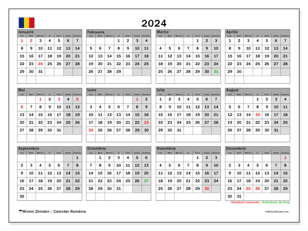 Kalender årlig 2024 “Rumänien”. Gratis utskrivbart program.. Måndag till söndag