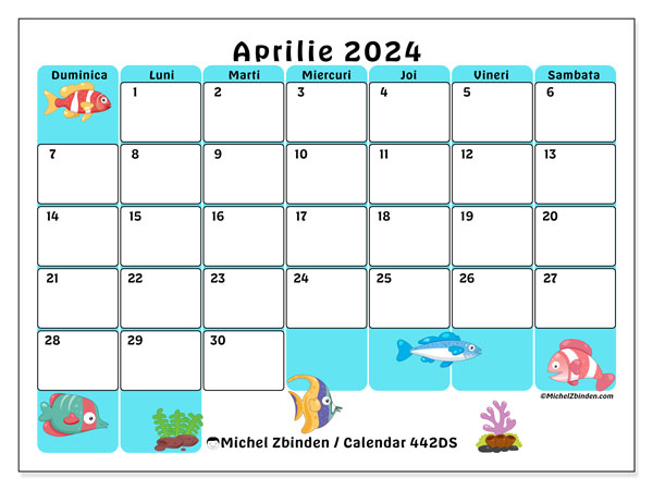 Calendar aprilie 2024, 442DS. Calendar pentru imprimare gratuit.