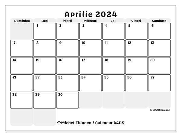 Calendar aprilie 2024 “44”. Plan pentru imprimare gratuit.. Duminică până sâmbătă