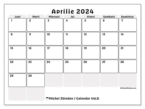 44LD, calendar aprilie 2024, pentru tipar, gratuit.