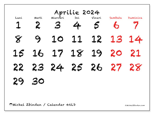 Calendar aprilie 2024, 46DS. Jurnal imprimabil gratuit.