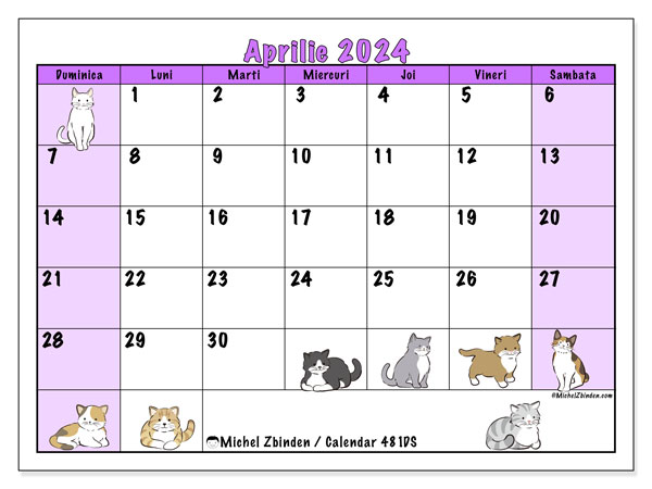 Calendar aprilie 2024 “481”. Jurnal imprimabil gratuit.. Duminică până sâmbătă