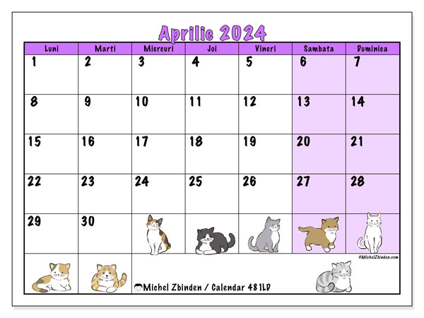 Calendar aprilie 2024 “481”. Jurnal imprimabil gratuit.. Luni până duminică