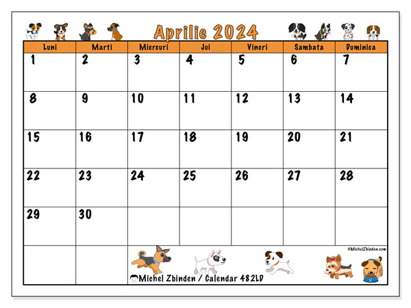 Calendar aprilie 2024 “482”. Program imprimabil gratuit.. Luni până duminică