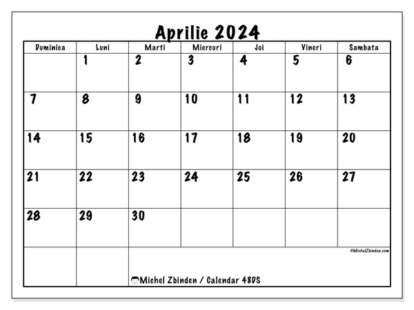 Calendar aprilie 2024 “48”. Jurnal imprimabil gratuit.. Duminică până sâmbătă