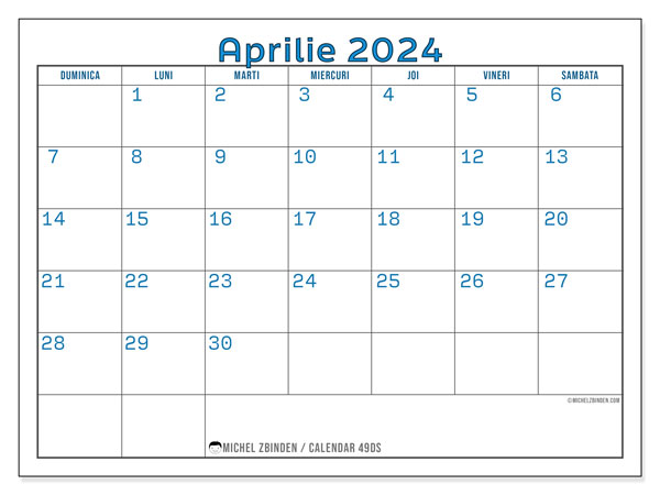Calendar aprilie 2024 “49”. Calendar pentru imprimare gratuit.. Duminică până sâmbătă