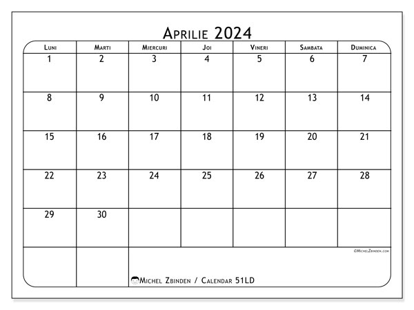 51LD, calendar aprilie 2024, pentru tipar, gratuit.