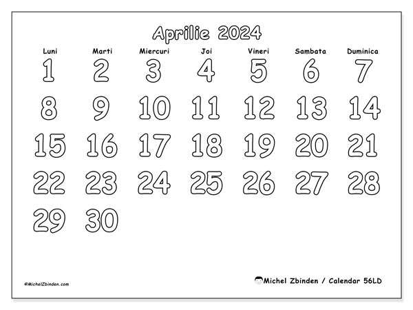 Calendar aprilie 2024, 56DS. Calendar pentru imprimare gratuit.