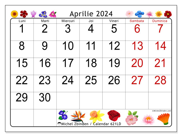 Calendar aprilie 2024, 621LD. Plan pentru imprimare gratuit.