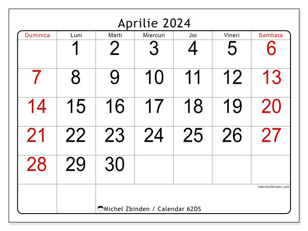 Calendar aprilie 2024, 62DS. Jurnal imprimabil gratuit.