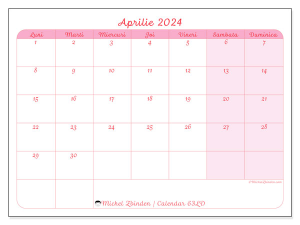 Calendar aprilie 2024, 63DS. Calendar pentru imprimare gratuit.
