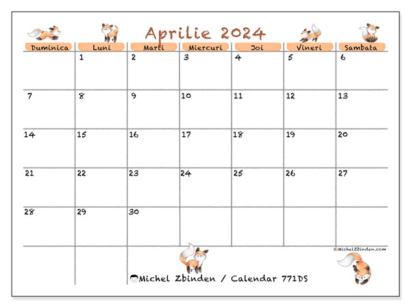 Calendar aprilie 2024 “771”. Jurnal imprimabil gratuit.. Duminică până sâmbătă