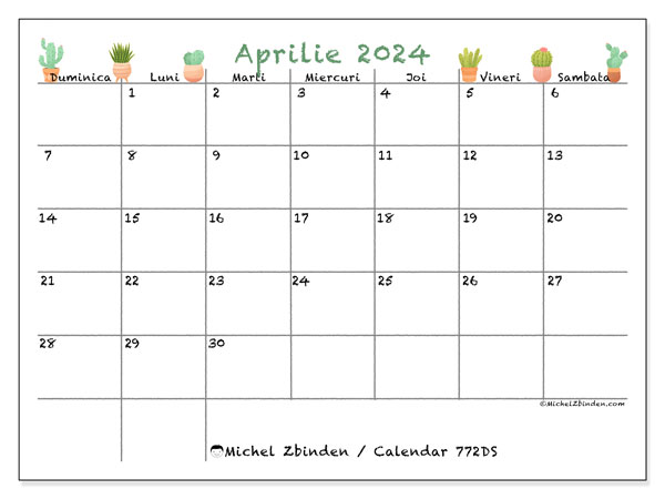 Calendar aprilie 2024 “772”. Program imprimabil gratuit.. Duminică până sâmbătă