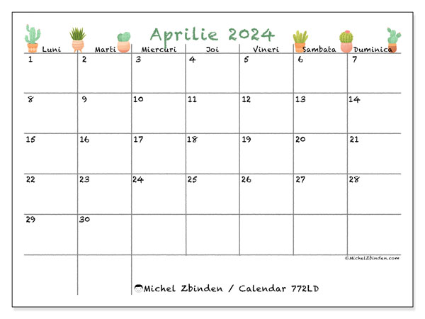 Calendar aprilie 2024 “772”. Calendar pentru imprimare gratuit.. Luni până duminică