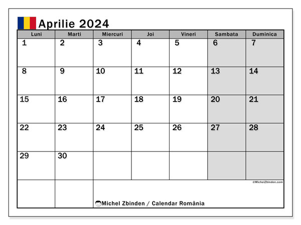 Calendario aprile 2024, Romania (RO). Orario da stampare gratuito.