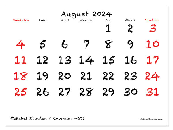 Calendar august 2024, 46DS. Program imprimabil gratuit.