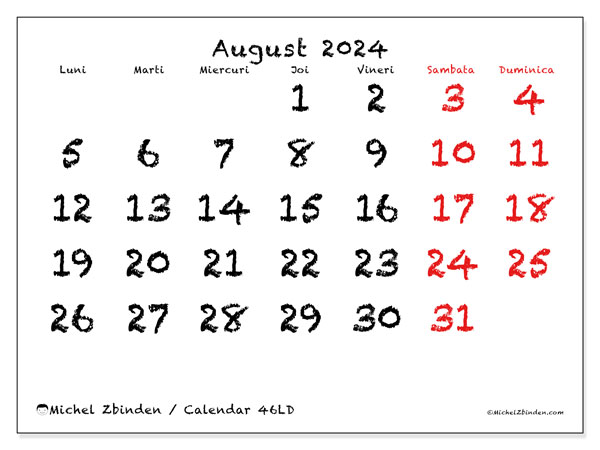 46LD, calendar august 2024, pentru tipar, gratuit.