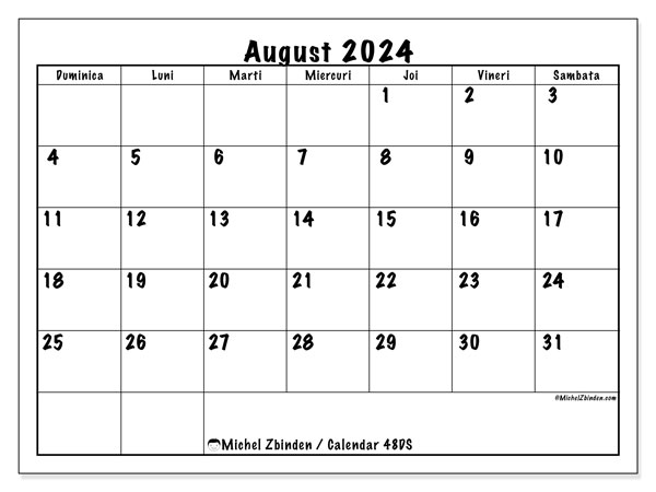 Calendar august 2024 “48”. Program imprimabil gratuit.. Duminică până sâmbătă