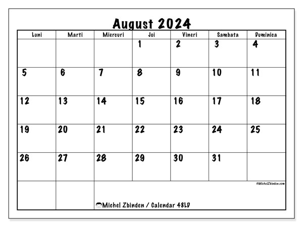 48LD, calendar august 2024, pentru tipar, gratuit.