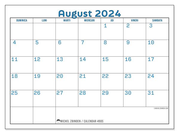 Calendar august 2024 “49”. Calendar pentru imprimare gratuit.. Duminică până sâmbătă