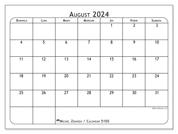Calendar august 2024 “51”. Jurnal imprimabil gratuit.. Duminică până sâmbătă