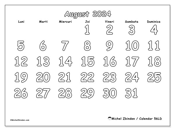 56LD, calendar august 2024, pentru tipar, gratuit.