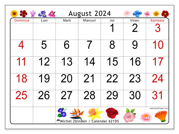 Calendar august 2024 “621”. Plan pentru imprimare gratuit.. Duminică până sâmbătă