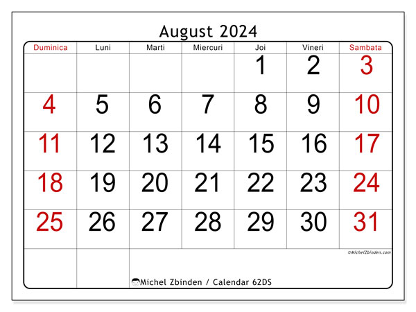 Calendar august 2024 “62”. Program imprimabil gratuit.. Duminică până sâmbătă