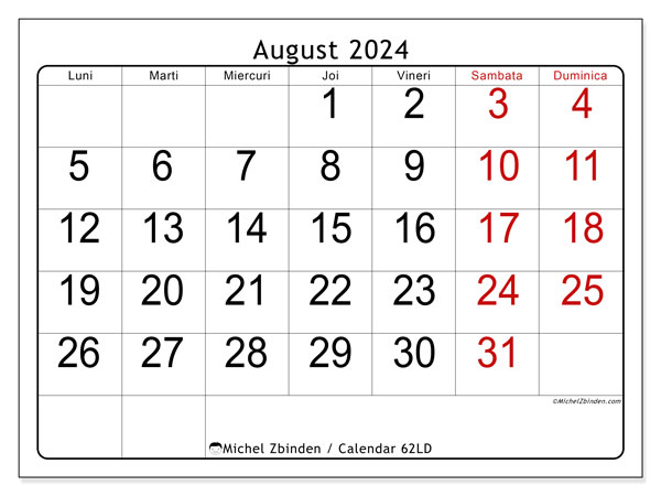 62LD, calendar august 2024, pentru tipar, gratuit.