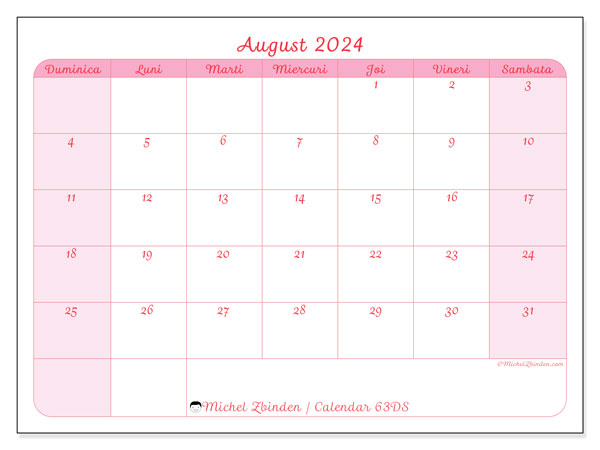 Calendar august 2024 “63”. Plan pentru imprimare gratuit.. Duminică până sâmbătă
