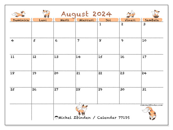 Calendar august 2024 “771”. Program imprimabil gratuit.. Duminică până sâmbătă