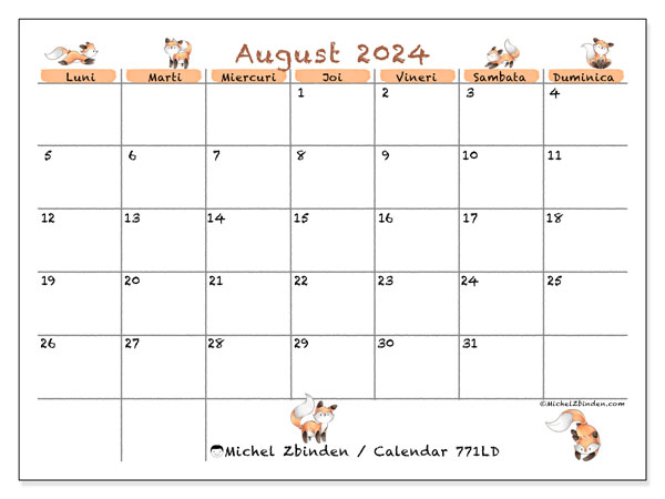 Calendar august 2024 “771”. Program imprimabil gratuit.. Luni până duminică