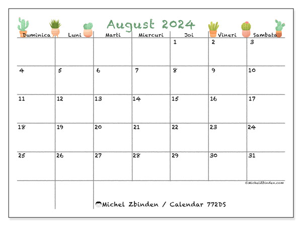 Calendar august 2024 “772”. Plan pentru imprimare gratuit.. Duminică până sâmbătă