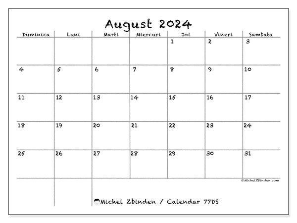 Calendar august 2024 “77”. Jurnal imprimabil gratuit.. Duminică până sâmbătă