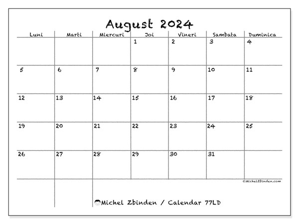 77LD, calendar august 2024, pentru tipar, gratuit.