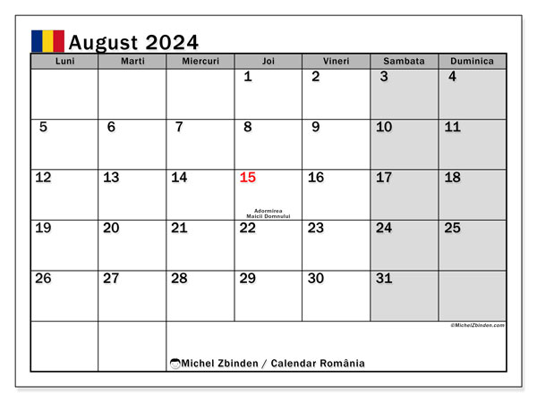 Kalendarz sierpień 2024 “Rumunia”. Darmowy dziennik do druku.. Od poniedziałku do niedzieli