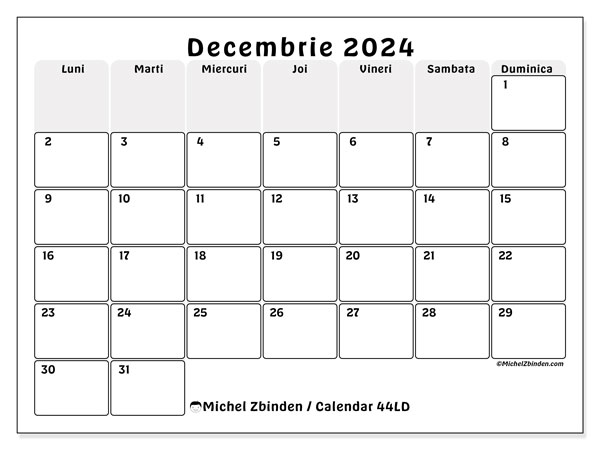 Calendar decembrie 2024 “44”. Calendar pentru imprimare gratuit.. Luni până duminică