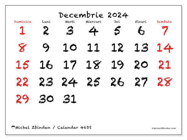 Calendar decembrie 2024 “46”. Jurnal imprimabil gratuit.. Duminică până sâmbătă