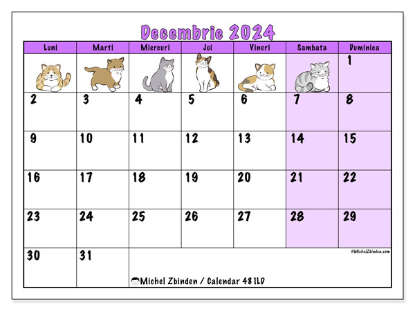Calendar decembrie 2024 “481”. Calendar pentru imprimare gratuit.. Luni până duminică