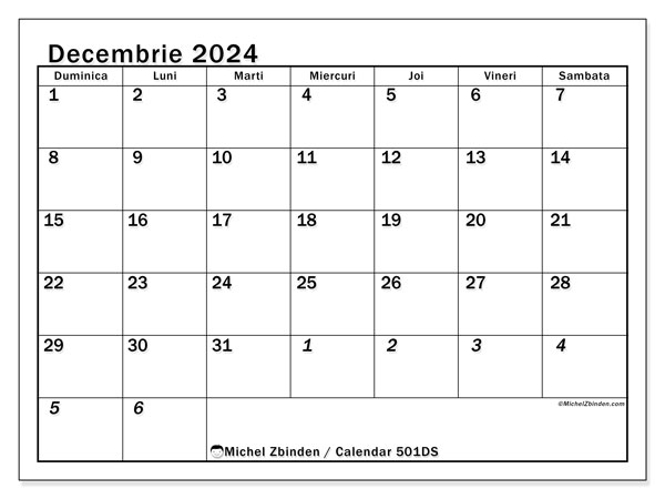 Calendar decembrie 2024 “501”. Plan pentru imprimare gratuit.. Duminică până sâmbătă